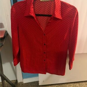 Notations Red Button-Down Blouse with Black Polka Dots